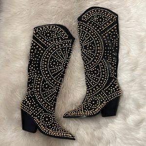 Studded Western Stacked Heel Boots - Black